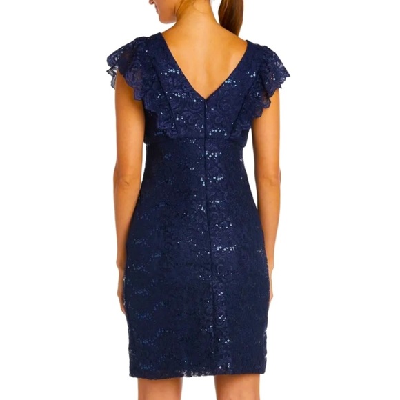 Women’s Formal Dress Size 14 NIGHTWAY Navy Sequins Flutter Sleeve Short Evening - Picture 5 of 6